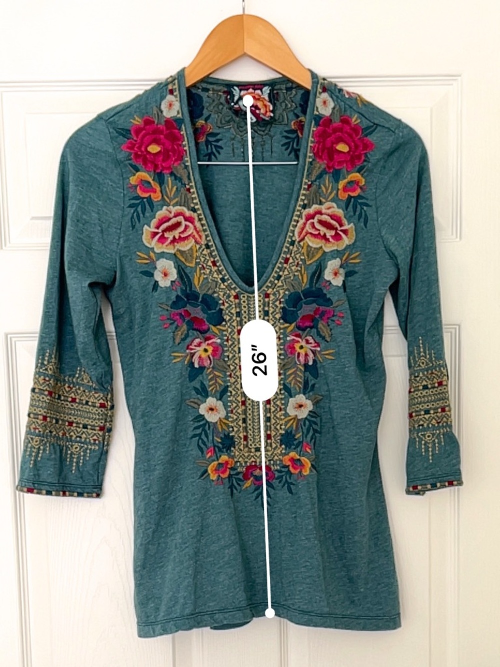 Johnny Was Teal V-Neck Tunic with Multicolor Floral Embroidery - Picture 6 of 6